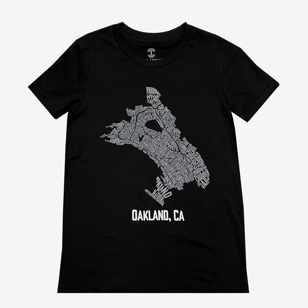 Women's black t-shirt with a graphic of Oakland with a neighborhood map & Oakland CA wordmark.. 