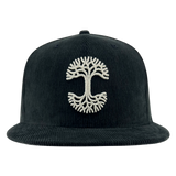  New Era black corduroy fitted cap with silver embroidered Oaklandish tree logo.