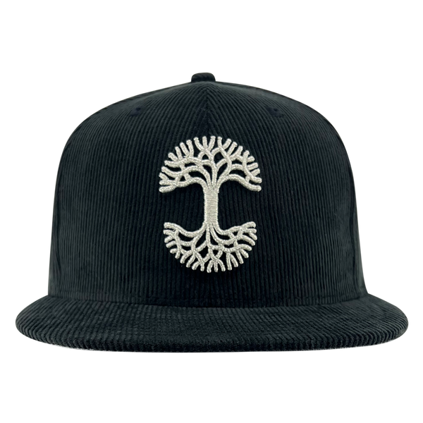  New Era black corduroy fitted cap with silver embroidered Oaklandish tree logo.