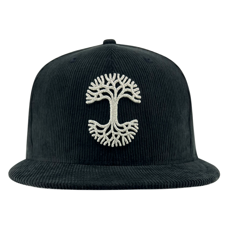  New Era black corduroy fitted cap with silver embroidered Oaklandish tree logo.