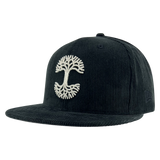 New Era black corduroy fitted cap with silver embroidered Oaklandish tree logo - angled to show New Era logo on left wear side.