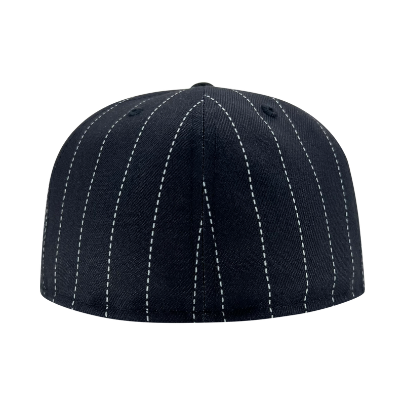 Backside of New Era 9FIFTY black pinstripe fitted cap.
