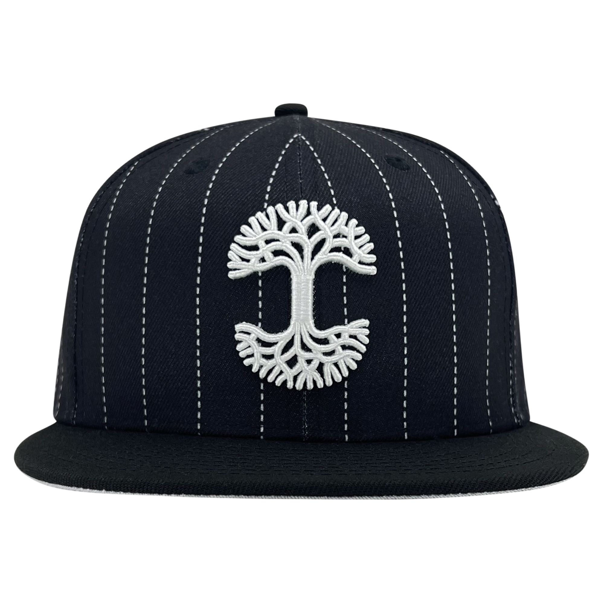 New Era 59FIFTY black pinstripe fitted hat with white embroidered Oaklandish tree logo.