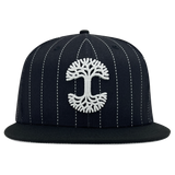 New Era 59FIFTY black pinstripe fitted hat with white embroidered Oaklandish tree logo.