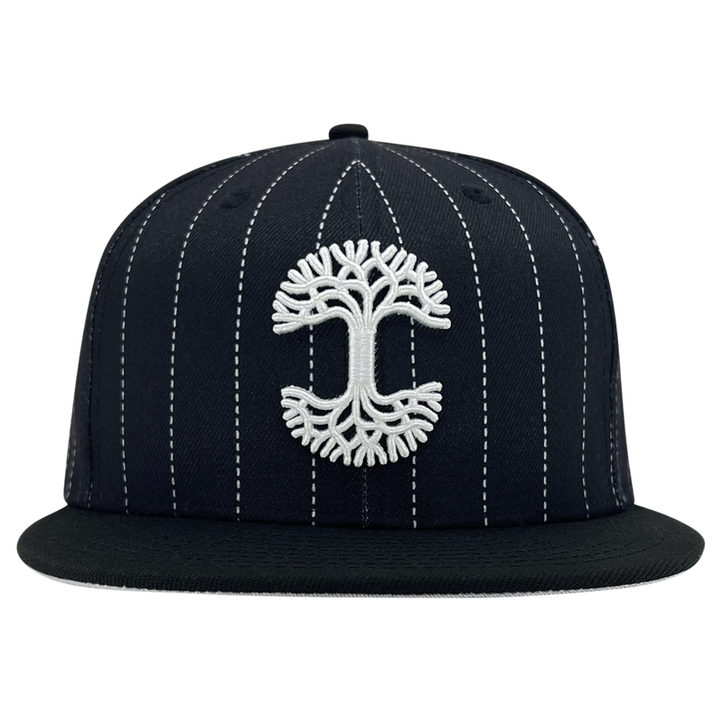 New Era 59FIFTY black pinstripe fitted hat with white embroidered Oaklandish tree logo.