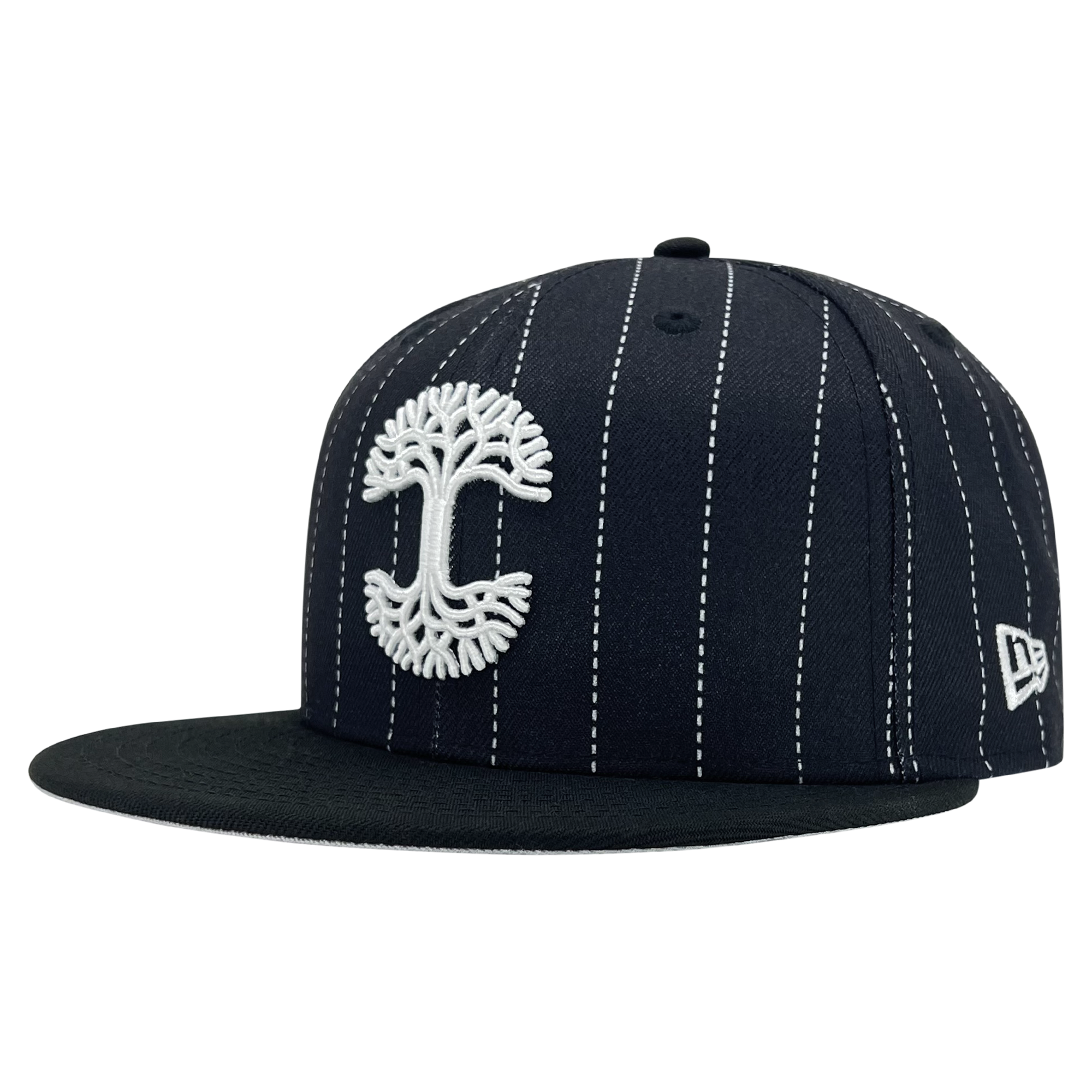 New Era 59FIFTY black pinstripe fitted hat with white embroidered Oaklandish tree logo-angled to show New Era logo on left wear side.