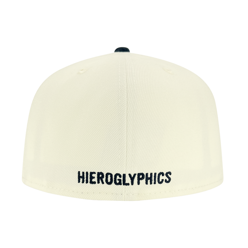 Back view of New Era 59FIFTY fitted cap with chrome crown and embroidered HIEROGLYPHICS wordmark.