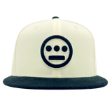 Front view of New Era 59FIFTY fitted cap with chrome crown, black corduroy brim, and a black embroidered Hieroglyphics logo.