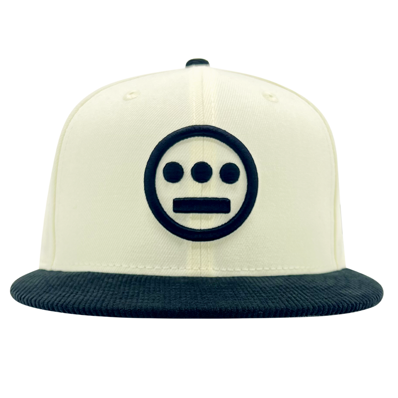 Front view of New Era 59FIFTY fitted cap with chrome crown, black corduroy brim, and a black embroidered Hieroglyphics logo.