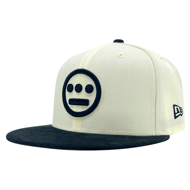 New Era 59FIFTY fitted cap with a black corduroy brim and black embroidered Hieroglyphics logo angled to show the New Era logo on the left wear side.