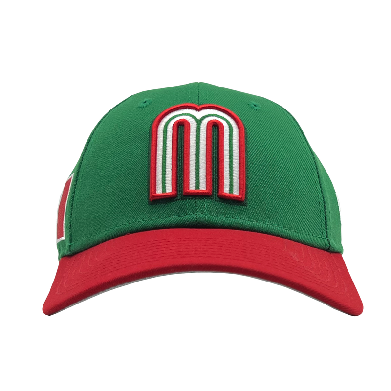 Front view of green New Era adjustable cap with red and white Mexican baseball M patch and red bill.