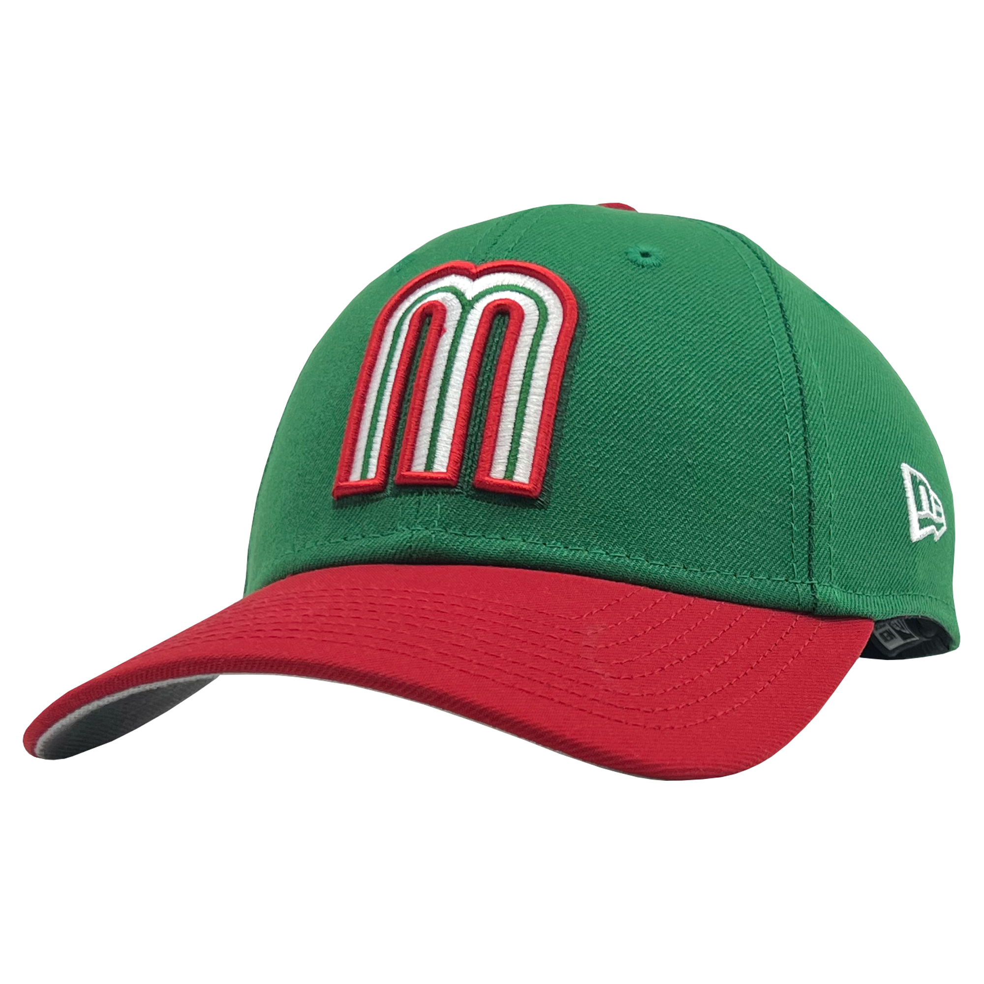 Side angle green New Era adjustable cap with red and white Mexican baseball M patch, red bill, and embroidered New Era logo.