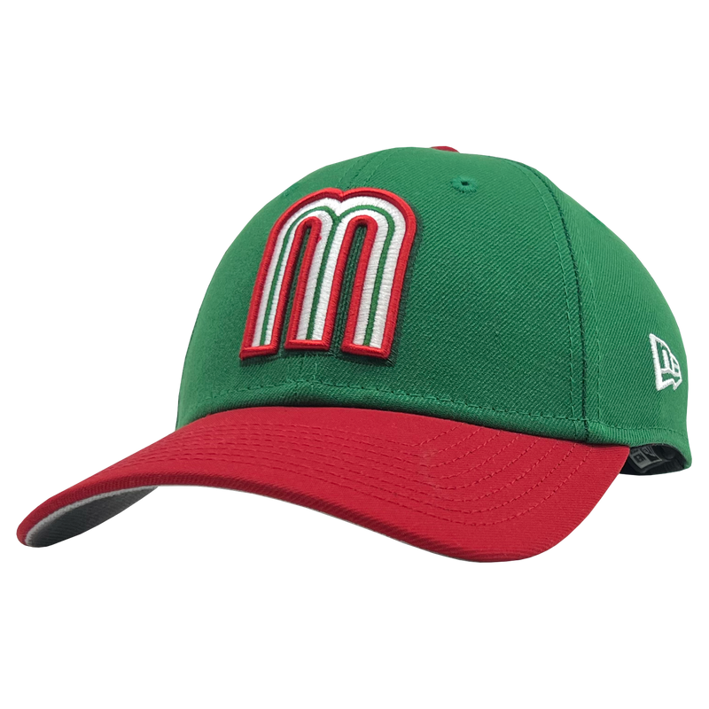 Side angle green New Era adjustable cap with red and white Mexican baseball M patch, red bill, and embroidered New Era logo.