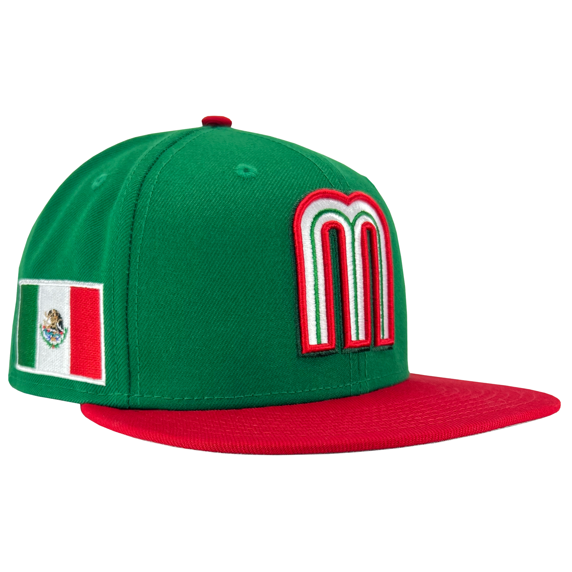 Side view of green New Era fitted cap with red and white Mexican baseball M patch, red bill, and embroidered Mexican flag on the side.