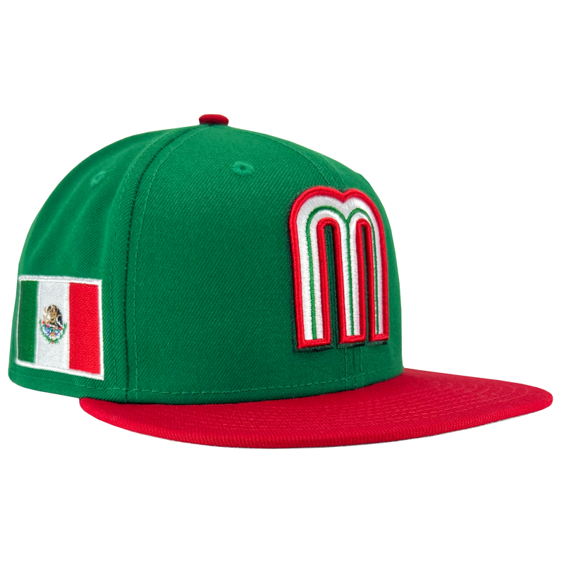 Side view of green New Era fitted cap with red and white Mexican baseball M patch, red bill, and embroidered Mexican flag on the side.