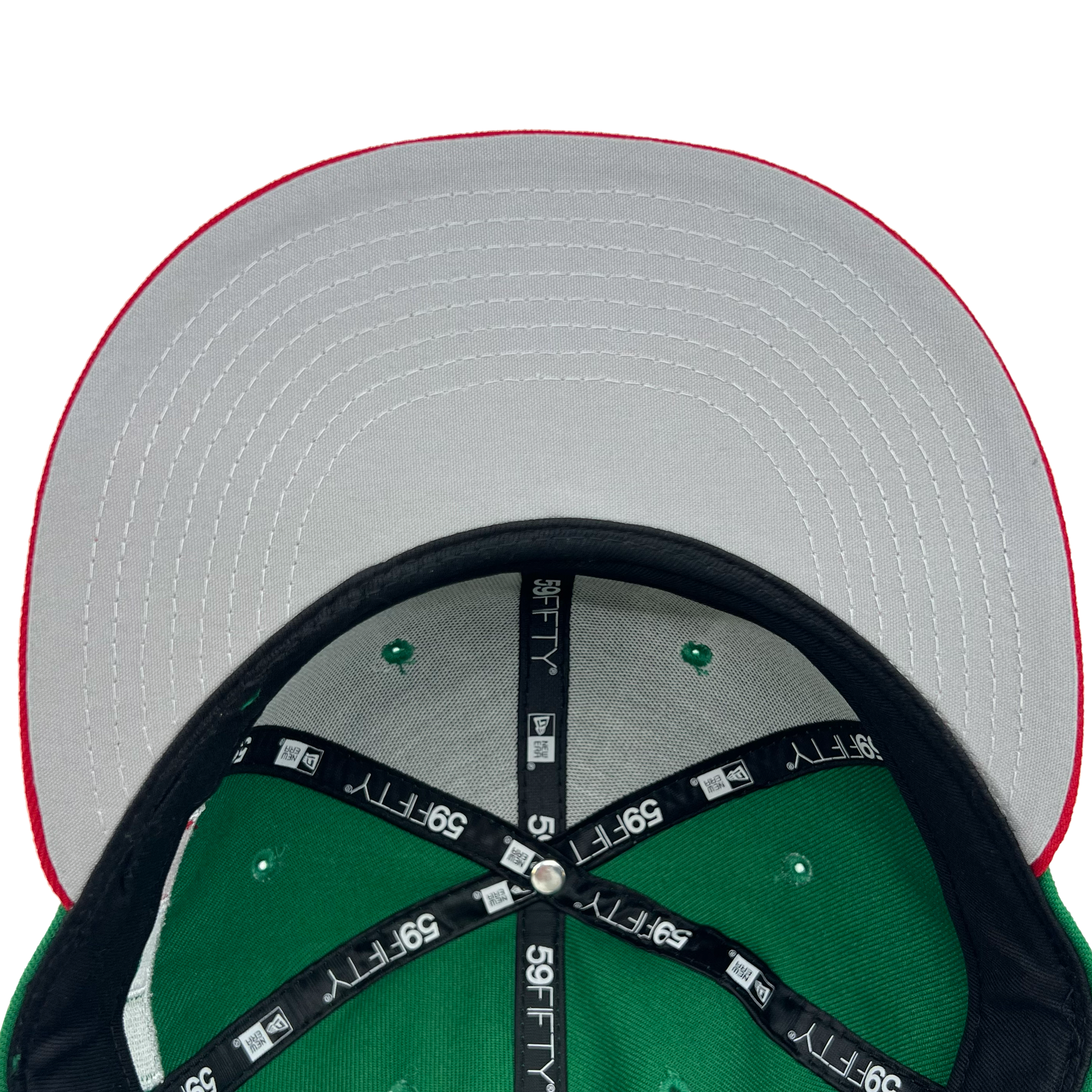 Gray undervisor and view inside crown of a green fitted New Era cap with  59FIFTY taping on repeat.