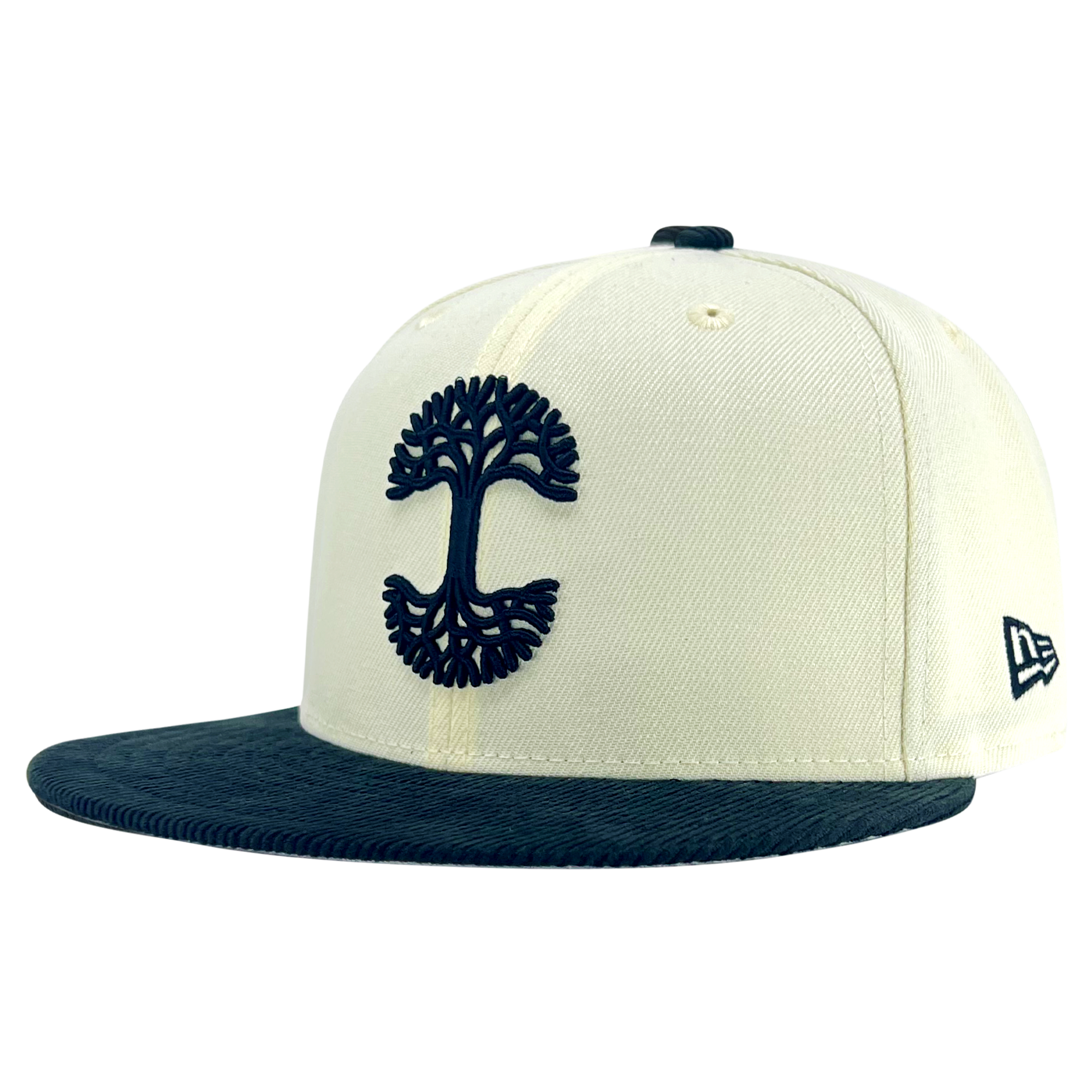Fitted cap in chrome white, with a black corduroy brim and black embroidered Oaklandish tree logo - angled to show the New Era logo on left wear side.