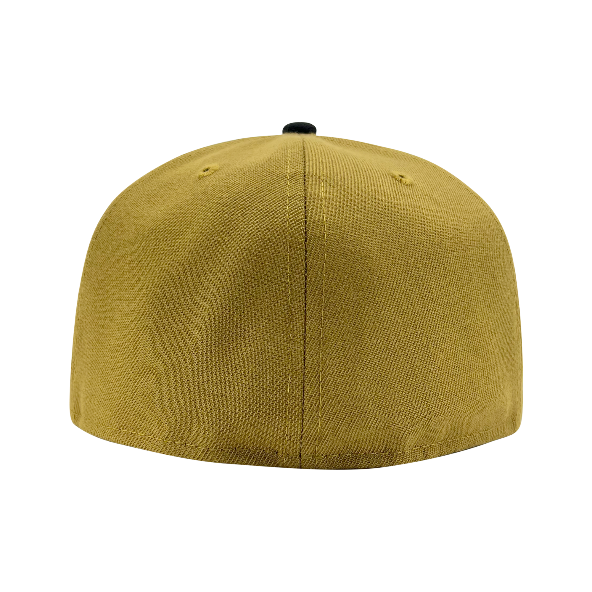 An Official 59FIFTY Fitted Cap by New Era and Oaklandish is shown from the back. The cap, in a striking mustard yellow, is crafted from a textured fabric and does not feature an adjustable strap. It includes two small ventilation holes near the top, while the dark-colored top button adds a subtle contrast to its overall mustard yellow hue.