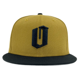  New Era 59FIFTY gold fitted cap with black embroidered O for Oakland & black bill. 