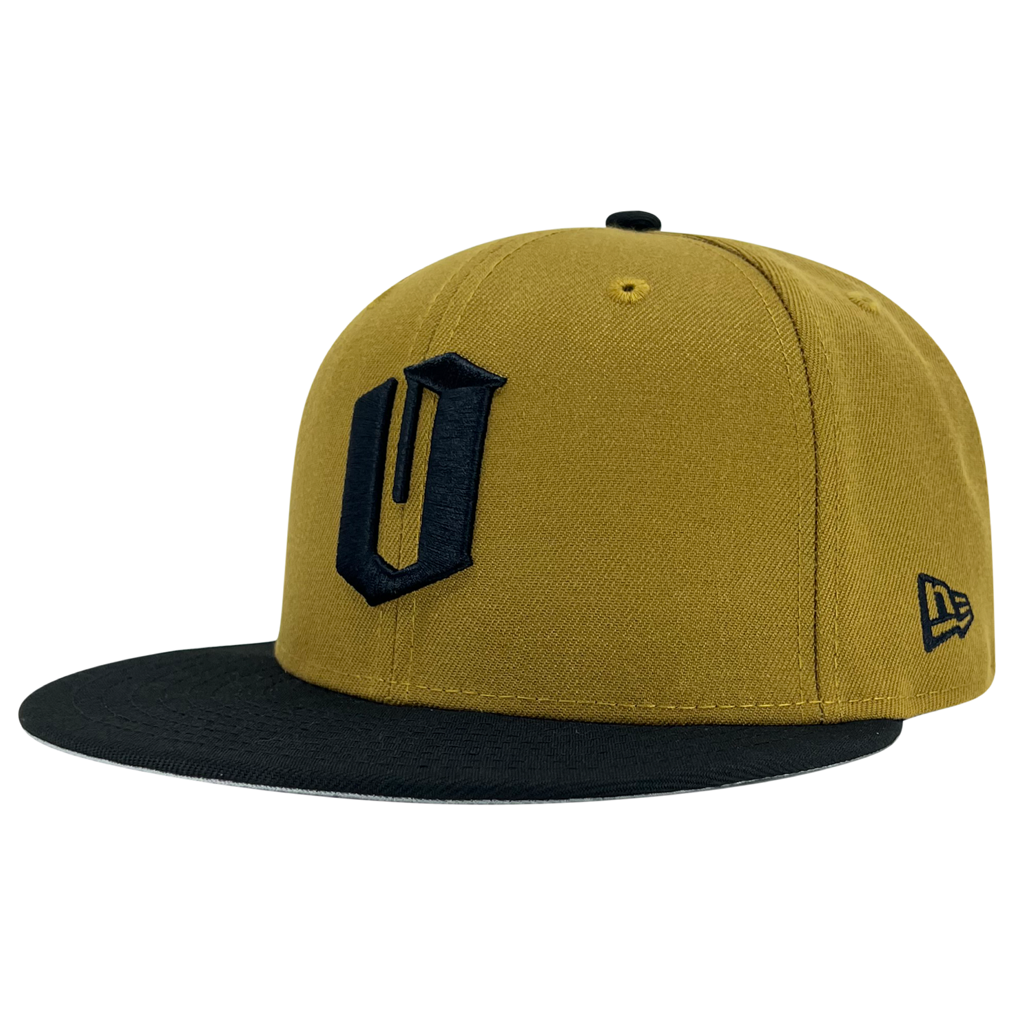 New Era 59FIFTY gold fitted cap with black embroidered O for Oakland & black bill. It is angled to show the New Era logo on the left wear side.