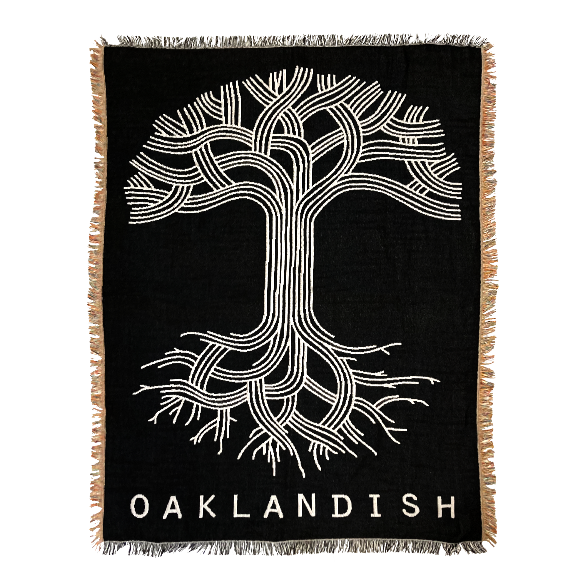 Black throw blanket with large silver Oaklandish tree logo and wordmark with fringe.