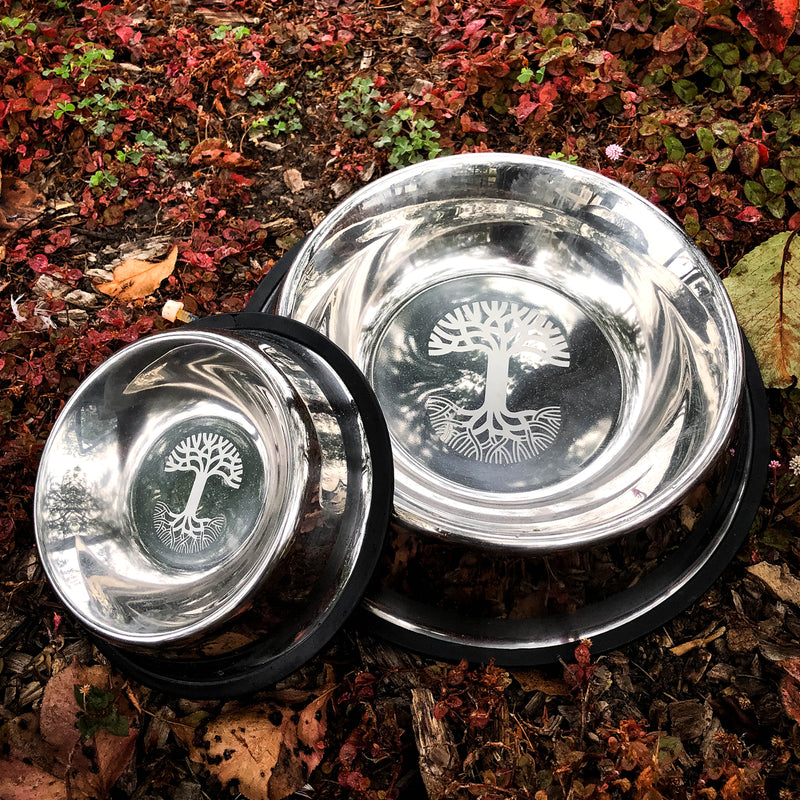 Two sizes (large and small) of stainless-steel pet food bowls with an Oaklandish tree logo inside the bowls outdoors.