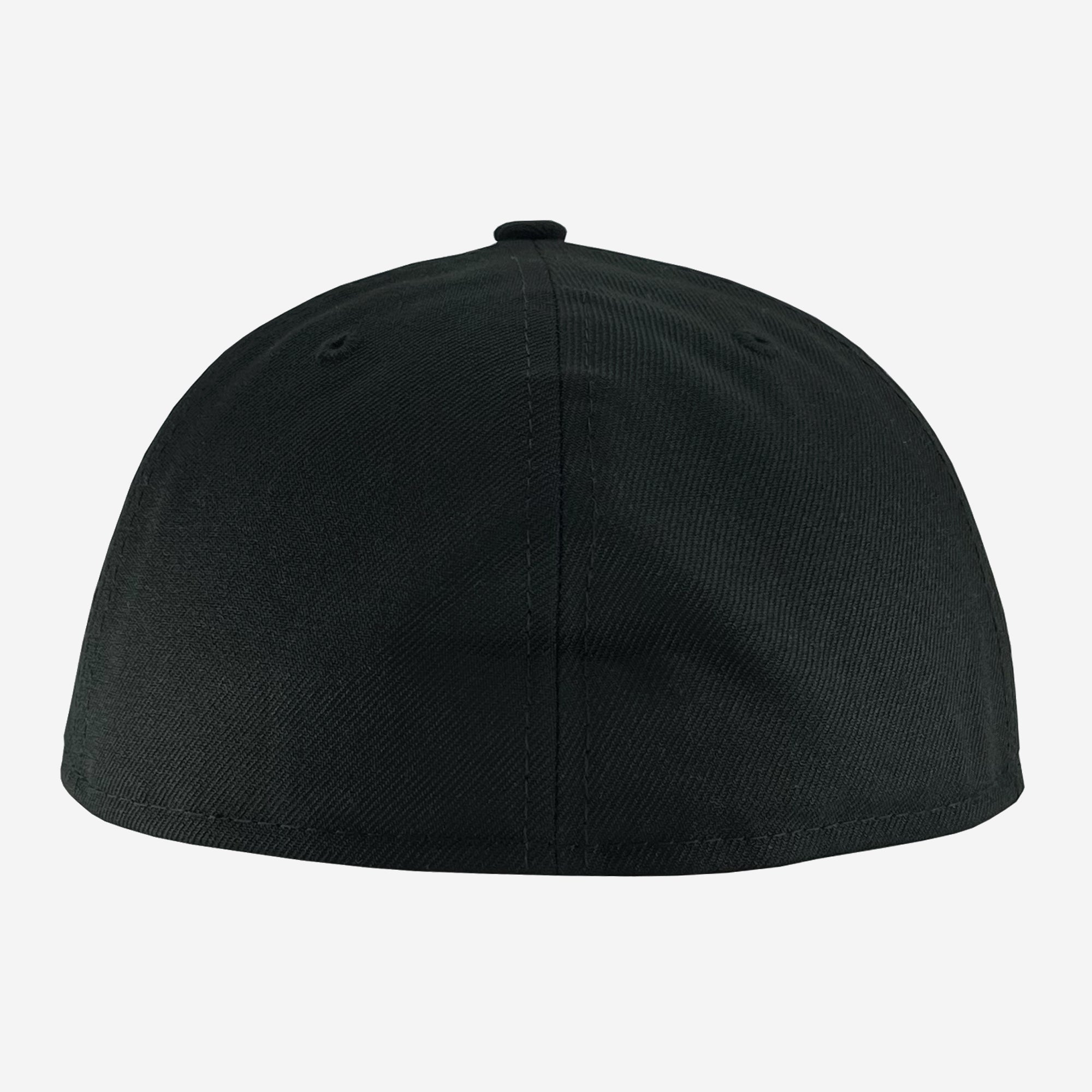 The backside of a black fitted cap.