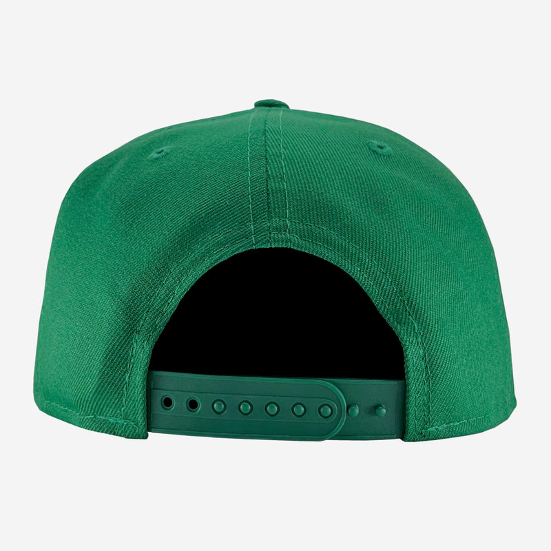 Backside of New Era 9FIFTY green cap with green plastic snap back closure.