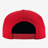 Backside of New Era 9FIFTY red cap with red plastic snap back closure.