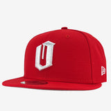 New Era 9FIFTY red cap with white embroidered O. Tilted to see white embroidered New Era logo on left wear side. 