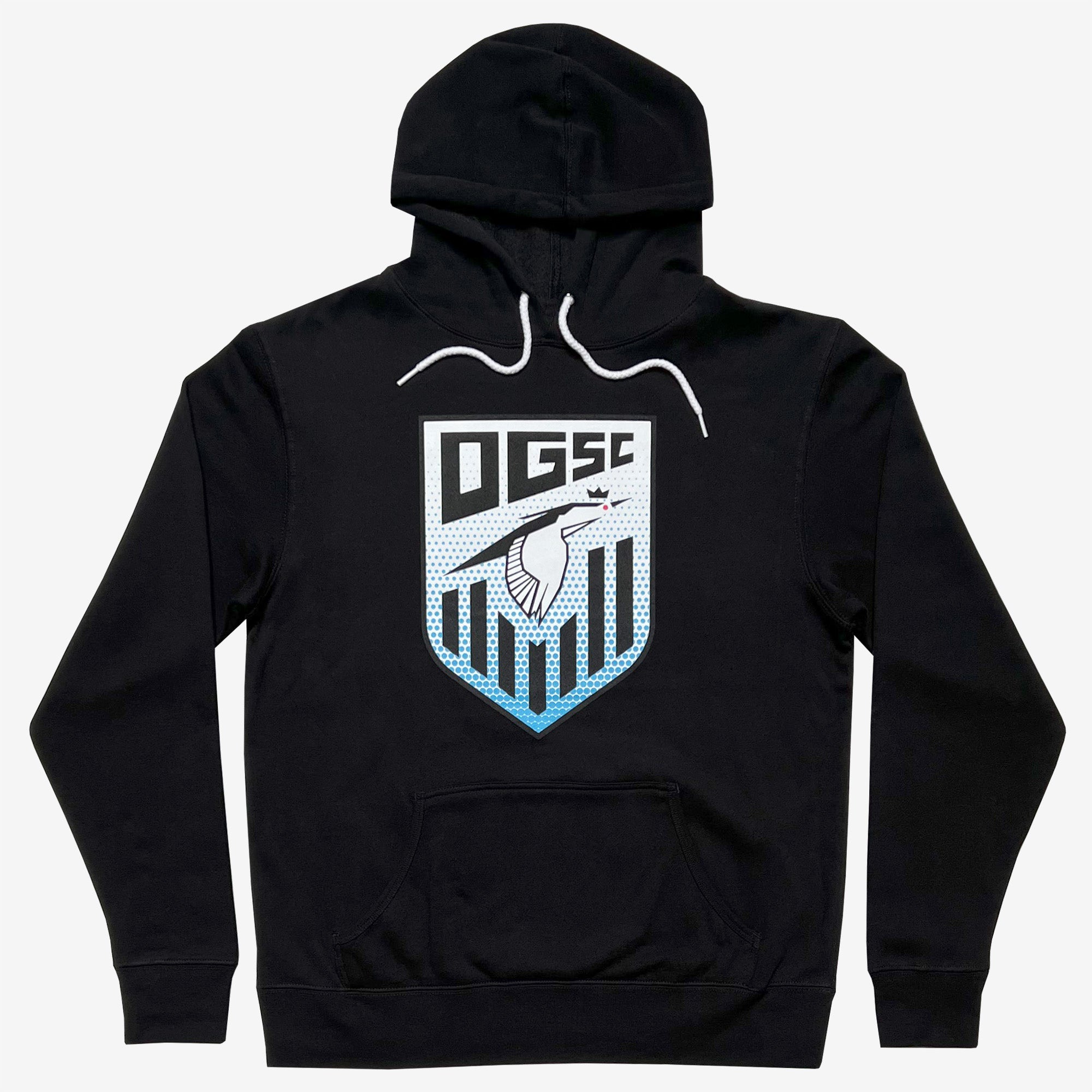 Black pullover hoodie with Oakland Genesis soccer league heron logo on chest.