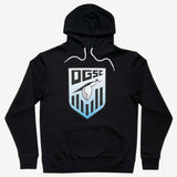 Black pullover hoodie with Oakland Genesis soccer league heron logo on chest.