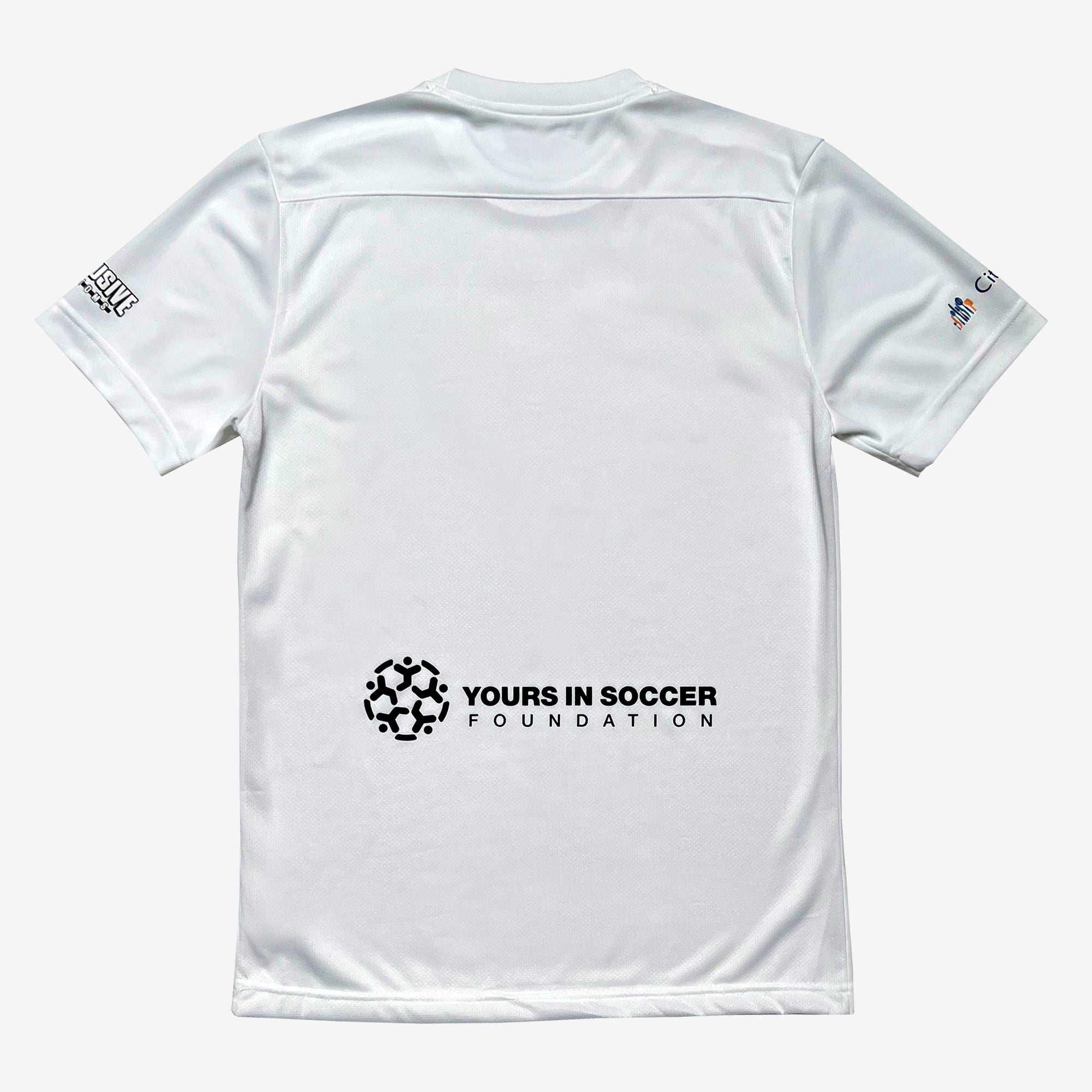 The back side of the white home game soccer jersey with the Yours in Soccer Foundation logo on the bottom.