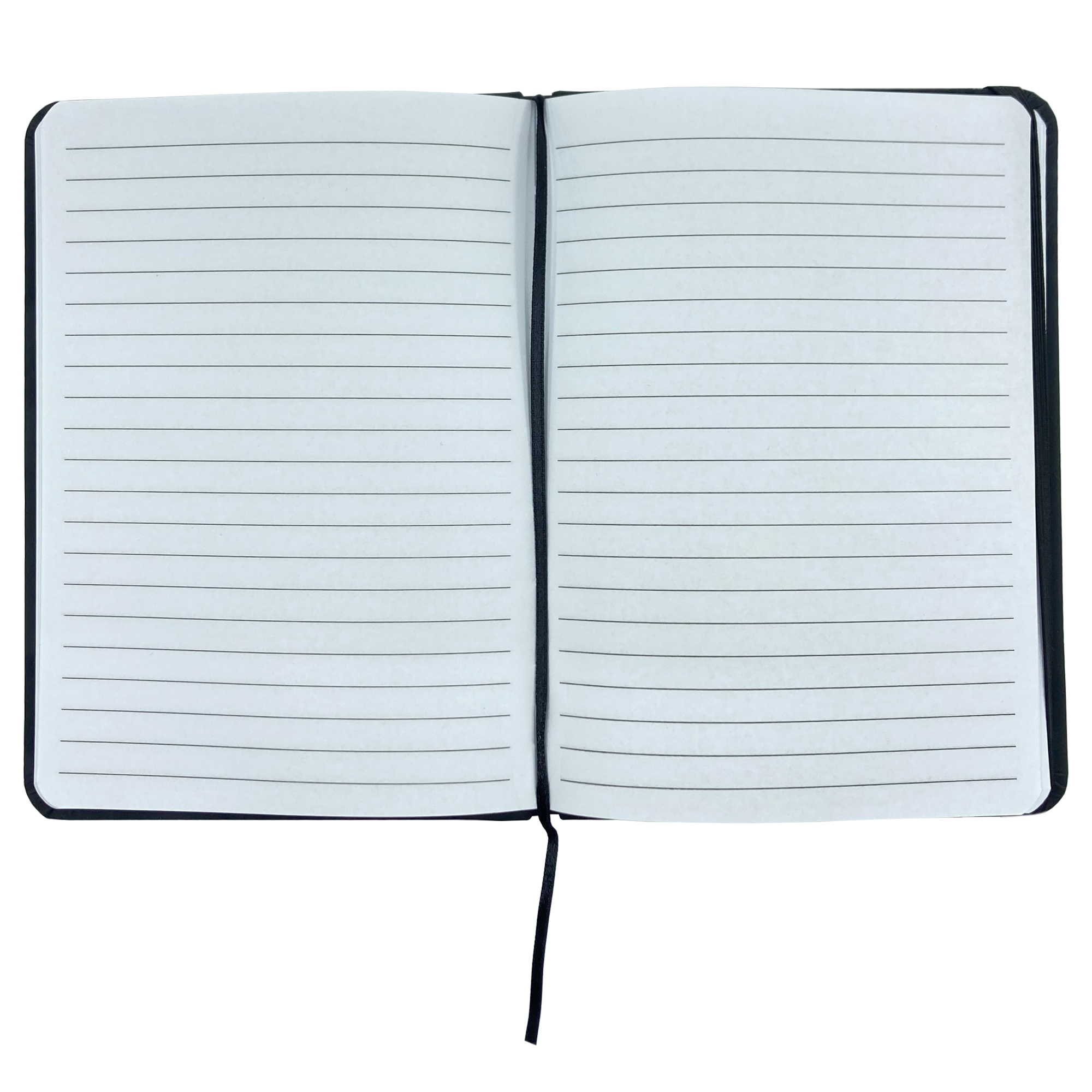  Top view of journal notebook open to show blank lined pages.
