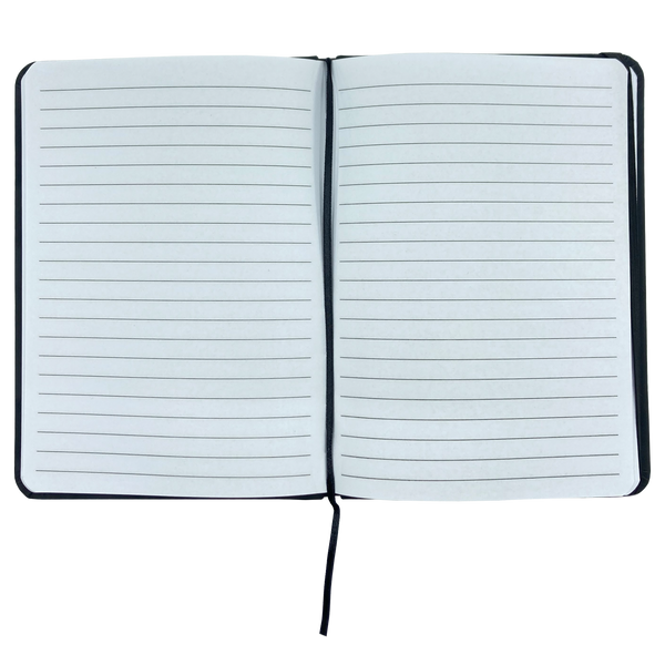  Top view of journal notebook open to show blank lined pages.