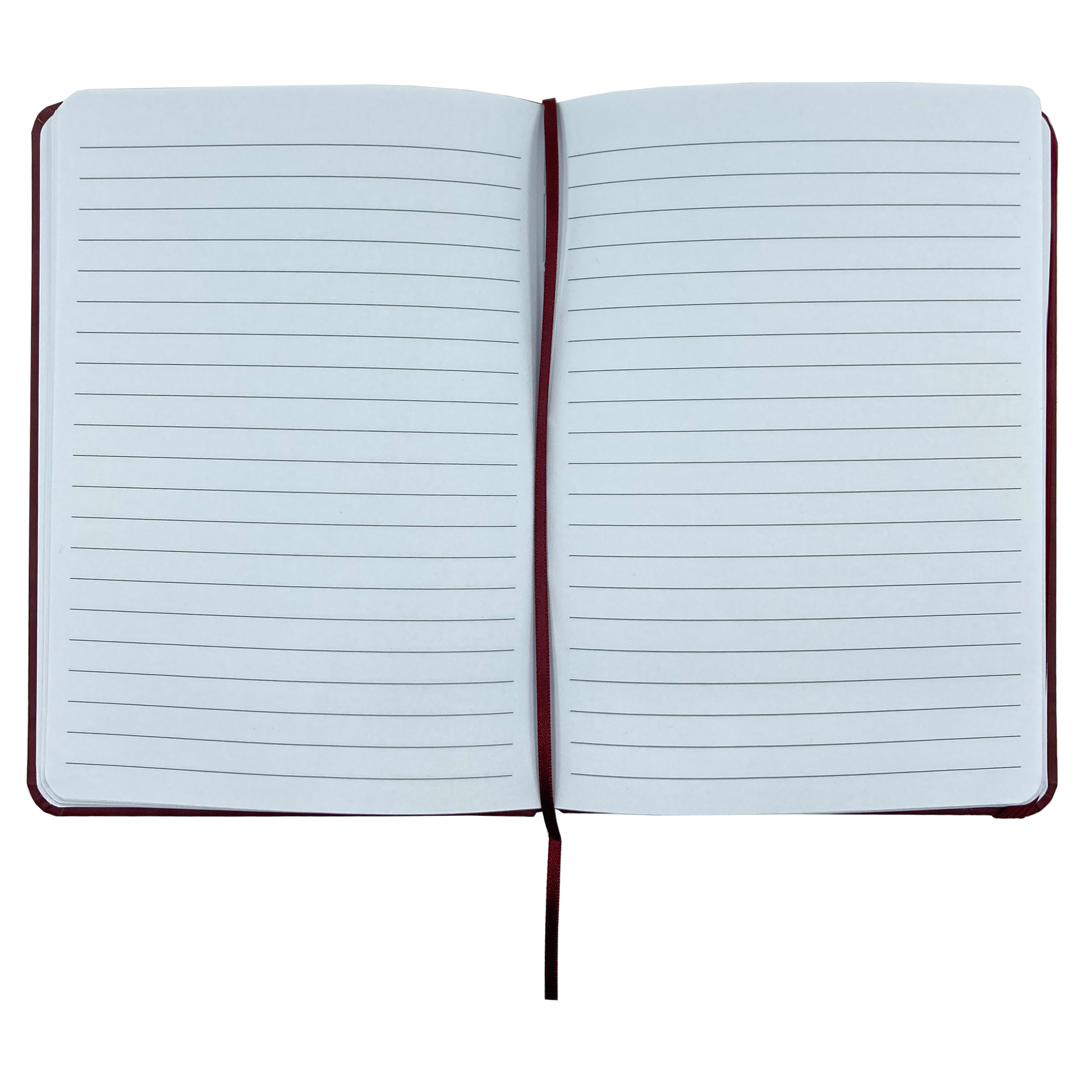 Top view of journal notebook open to show blank lined pages.