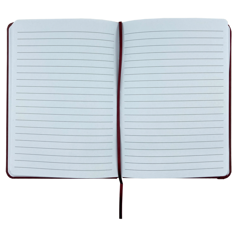 Top view of journal notebook open to show blank lined pages.