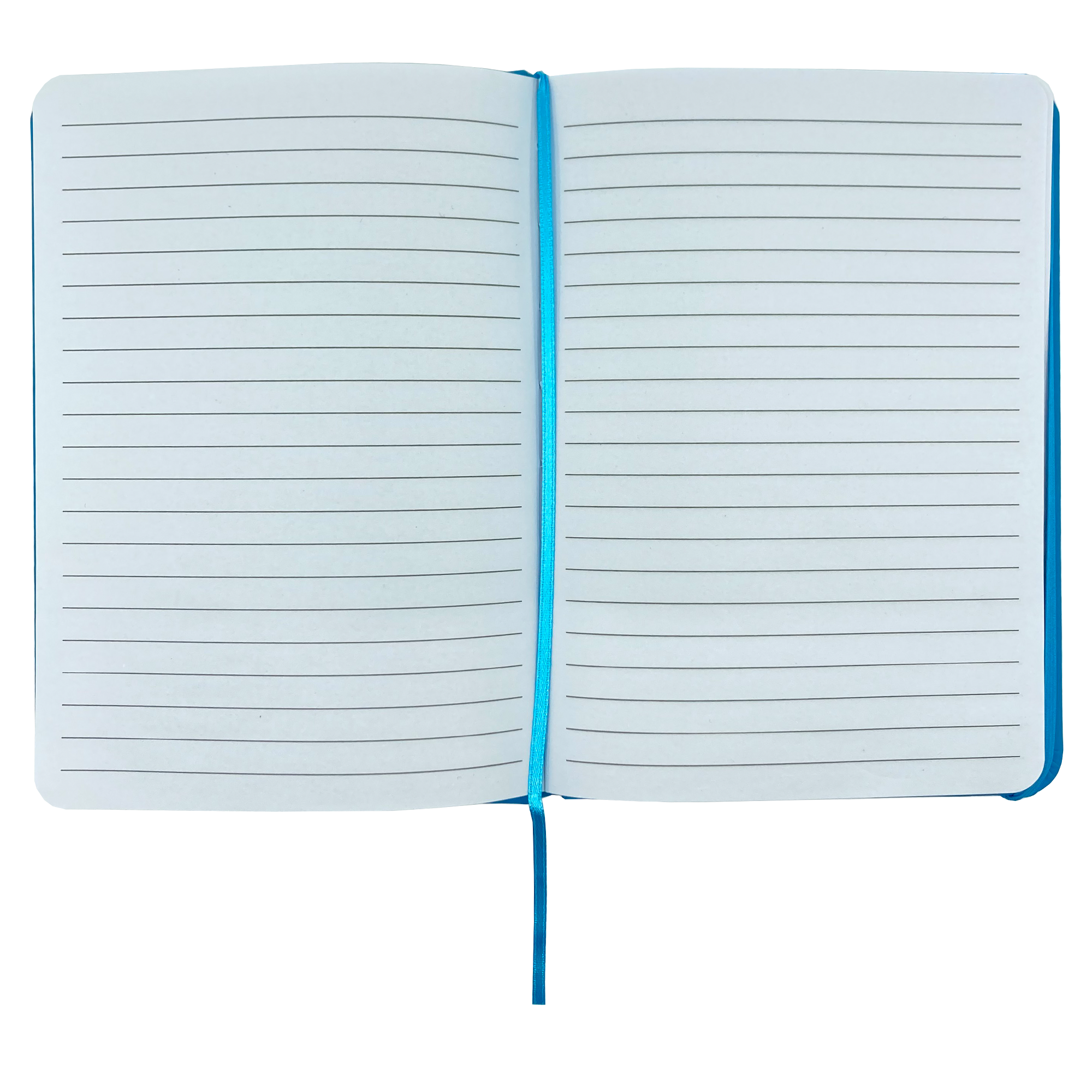 Top view of journal notebook open to show blank lined pages.