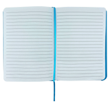 Top view of journal notebook open to show blank lined pages.