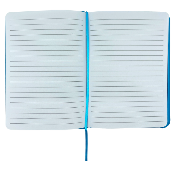 Top view of journal notebook open to show blank lined pages.
