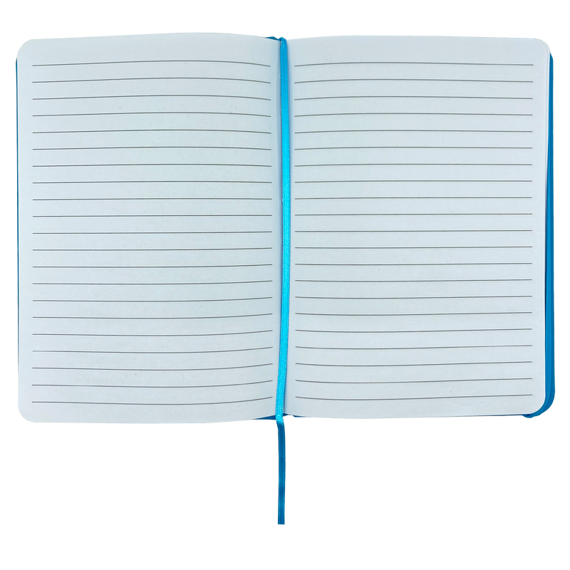 Top view of journal notebook open to show blank lined pages.