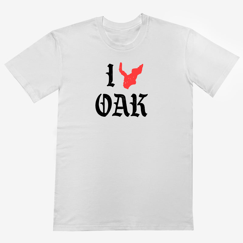 White t-shirt with ”I Oak” in black font and a red map of Oakland replacing the heart between I and Oak.