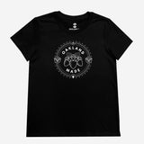 Women’s black t-shirt with white hand-drawn Oakland Made wordmark and chesnuts in a circular graphic on chest.