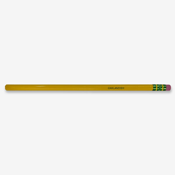 Yellow Ticonderoga No. 2 hex pencil with three green stripes under pink eraser with Oaklandish wordmark on the side.