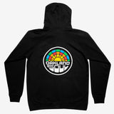Backside view of black zip up hoodie with large full-color Oakland Soul logo in the center.