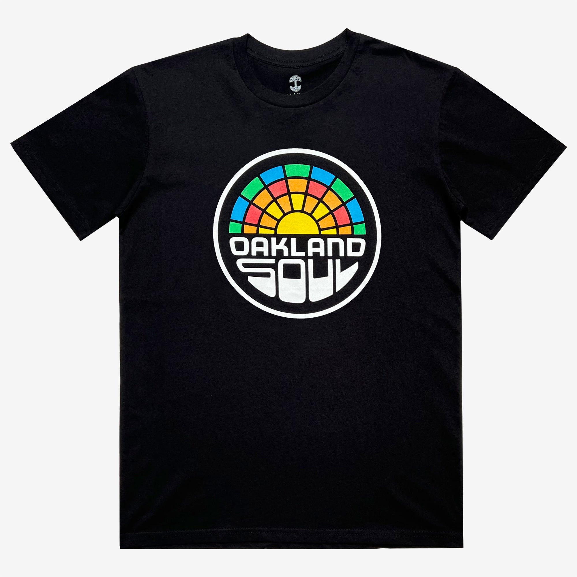 Black t-shirt with a graphic of a full color Oakland Soul logo on the chest.