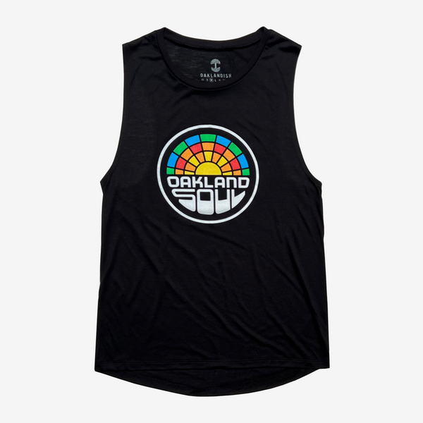 Full-color Oakland Soul logo on the front of a black, women's cut, muscle tank top.