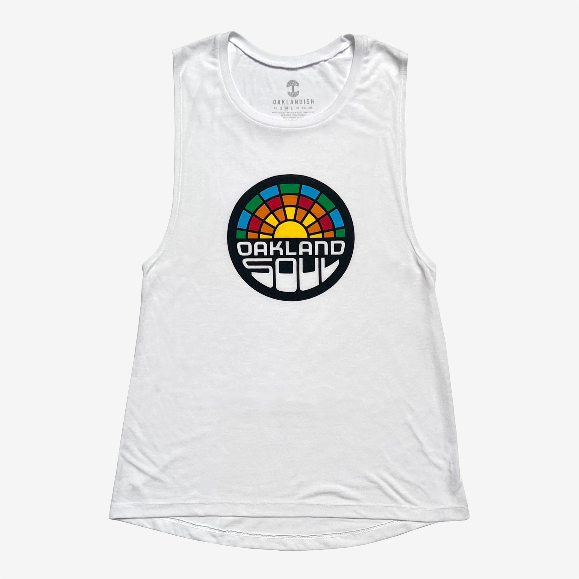 Front view of flowy women’s cut muscle tank with low-cut armholes featuring full-color Oakland Soul logo.