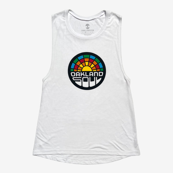 Front view of flowy women’s cut muscle tank with low-cut armholes featuring full-color Oakland Soul logo.
