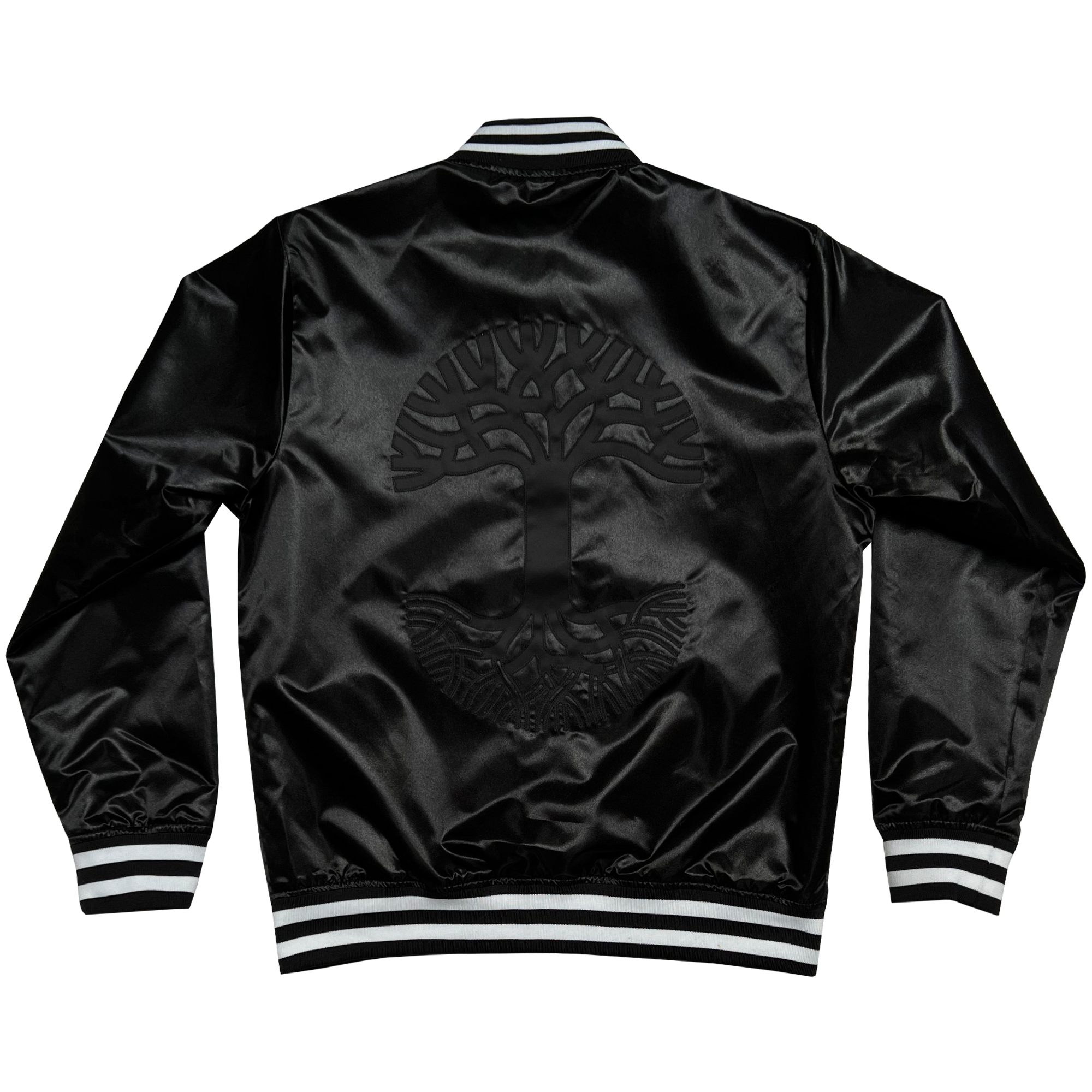  The backside of Mitchell & Ness black satin reversible jacket with a large centered Oaklandish tree logo with black and white ribbing at the collar, cuff, and waistband.